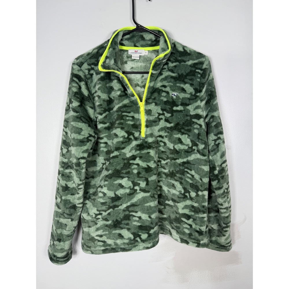 Vineyard Vines Womens Camo‎ Fleece Quarter Zip Pullover Green Neon Yellow Small
